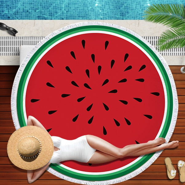 Watermelon Orange Microfiber Round Beach Towel Fruit Thick Shower Bath Towels Summer Swimming Circle Mat Towel With Tassel 150cm